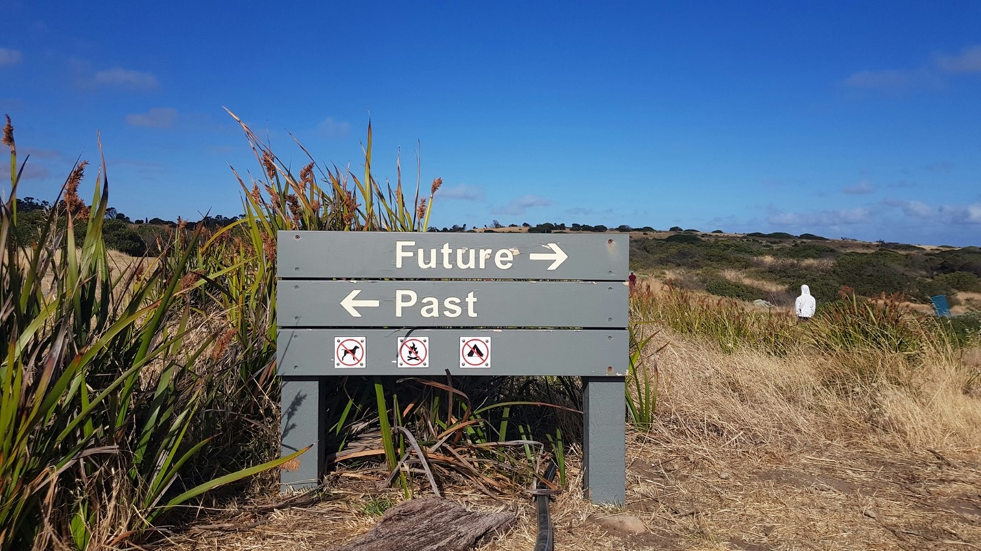 Sign pointing towards the future and the past