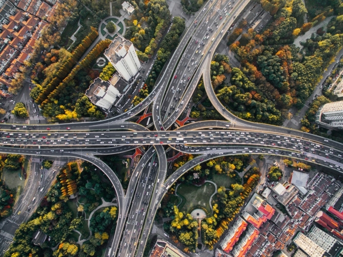 An aerial shot of a highway intersection.
