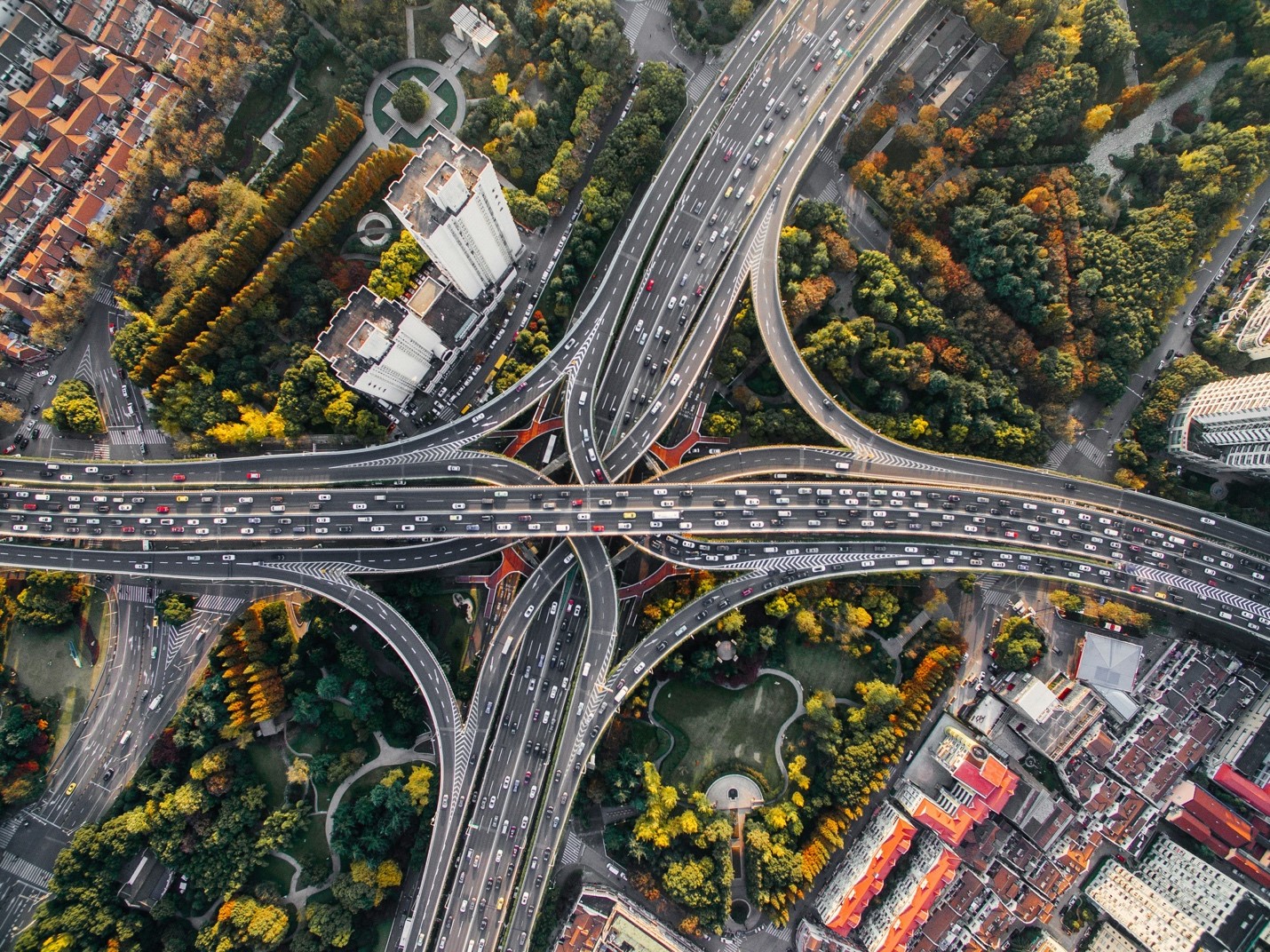 An aerial shot of a highway intersection.